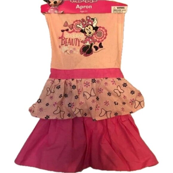 Disney Jr Pink Minnie Mouse Floral & Bow Graphic Ruffle Layers Cotton Tie Apron - Picture 2 of 4